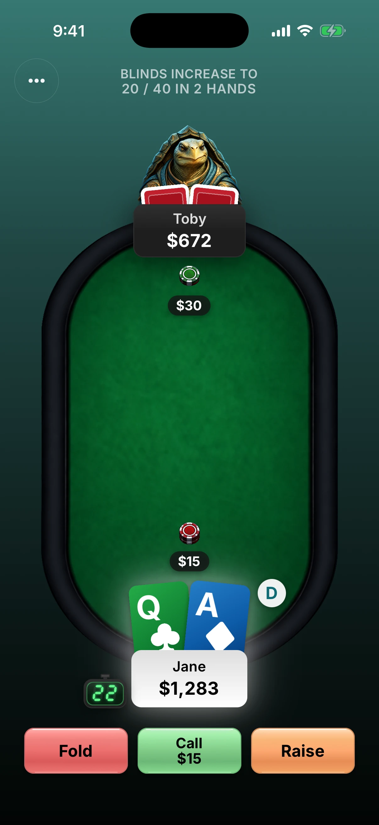 Native iPhone screenshot of a heads-up poker table against Toby the turtle. Before the flop, the player Jane is on the button holding the queen of clubs and ace of diamonds, with 1,283 chips to Toby’s 672; Toby has posted the 30-chip big blind; the buttons read Fold, Call $15 and Raise.